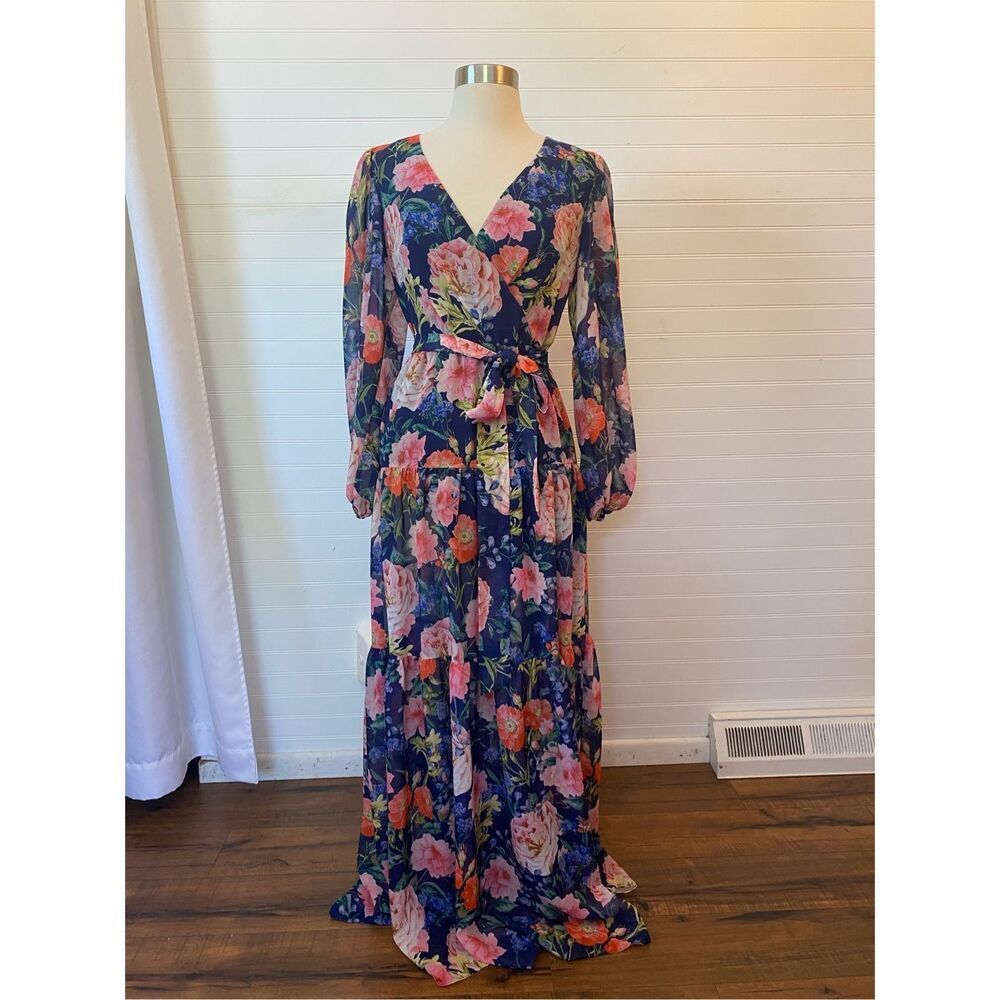 Eliza J Chiffon Chiffon Floral-Print Faux-Wrap Tiered Maxi Dress NEW Size 4 Blue - Picture 2 of 12